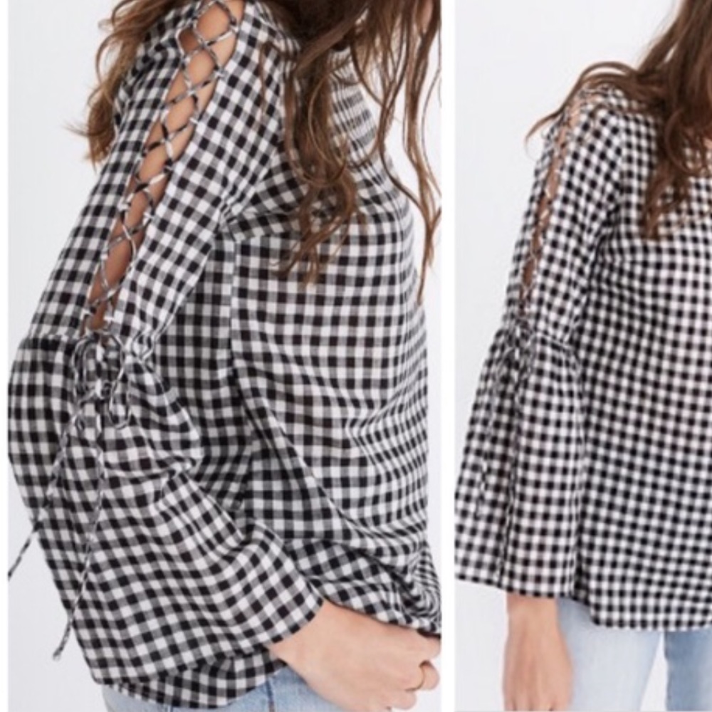 Madewell Gingham Lace Up Bell-sleeve Top